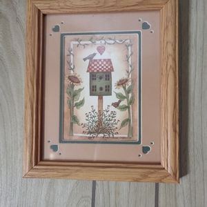 VINTAGE BEAUTIFUL FRAMED WALL PICTURE. BIRD AND BIRD HOUSE.